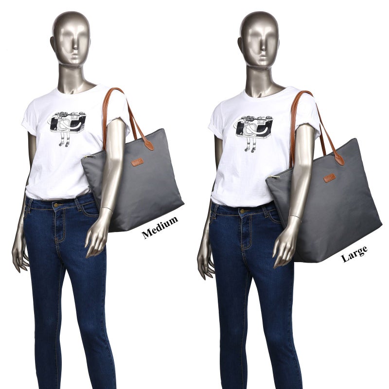 NNEE Water Resistant Light Weight Nylon Tote Bag Handbag - Medium Size, Dark Gray - Image 5